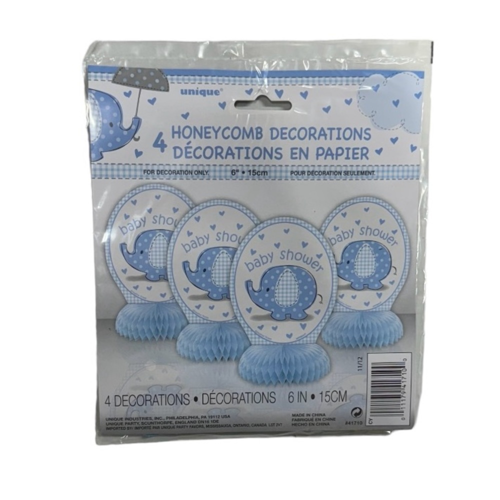4 blue baby shower honeycomb decorations with elephant on front new in package!